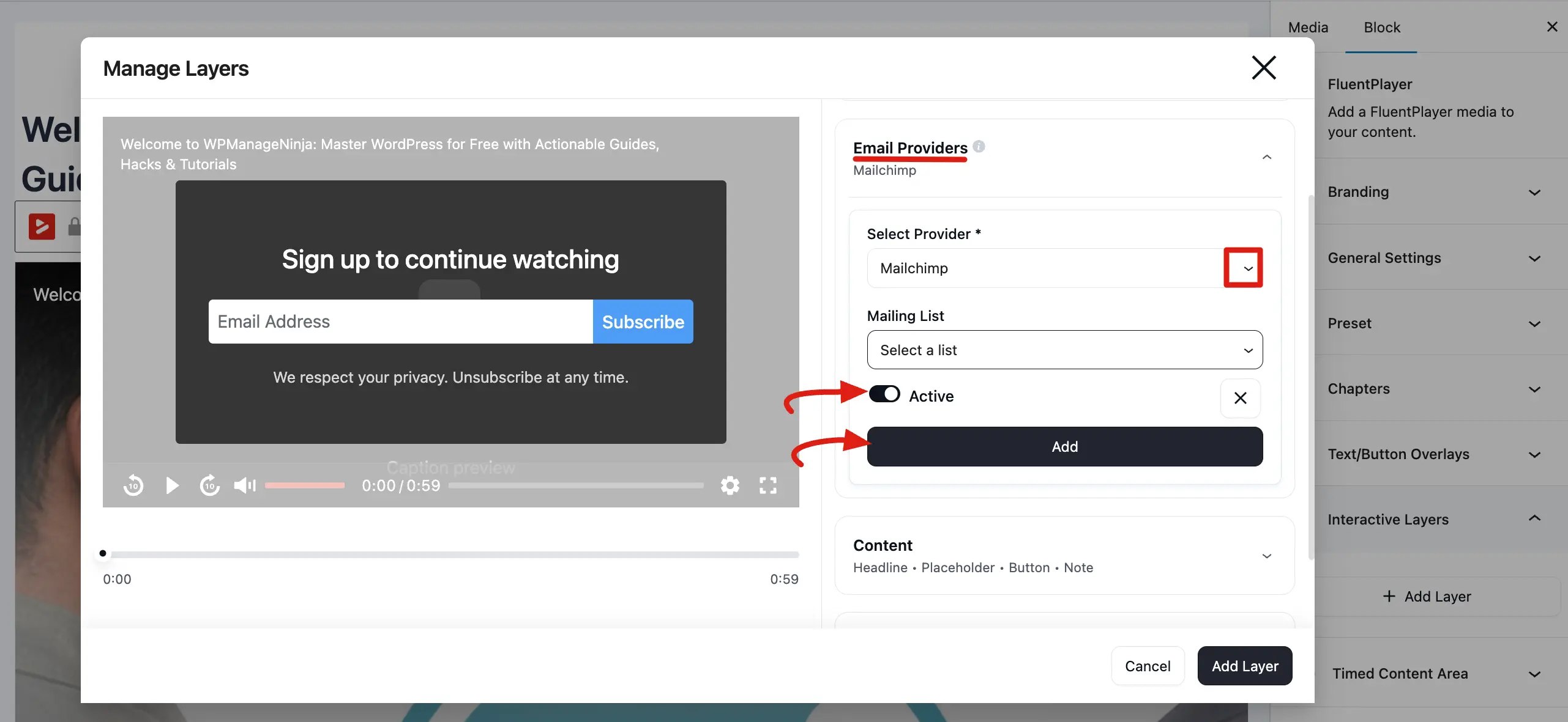 Assign Mailchimp to a Video