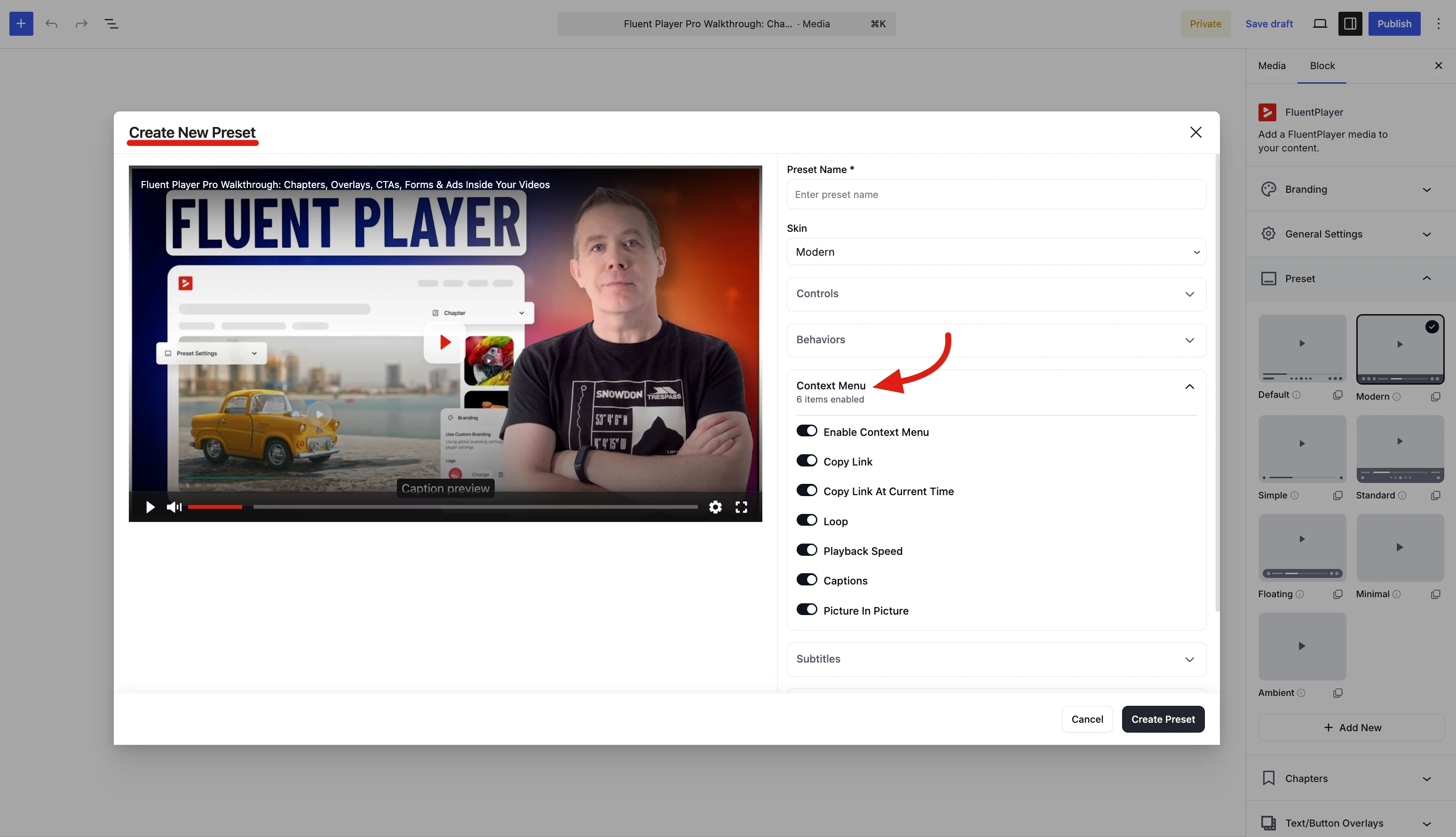 The Context Menu section in the Create New Preset dialog