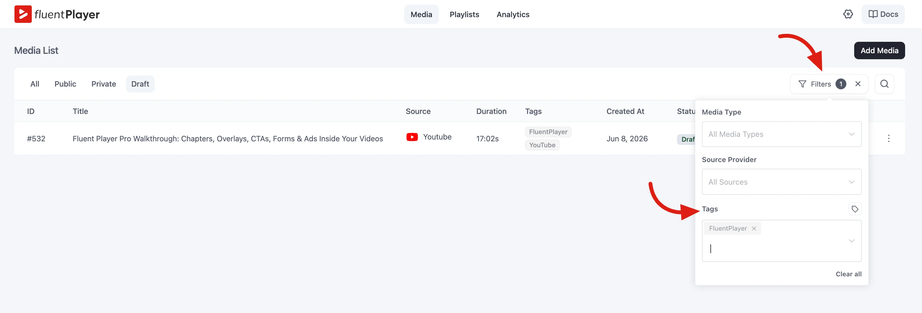 Filtering the media list by tag in the Filters panel